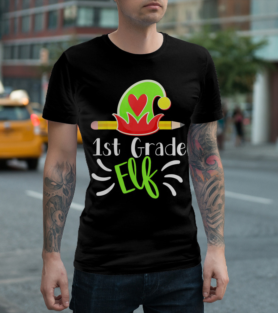 1st Grade Elf Funny Christmas Holiday Pencil Hat Heart T-Shirt