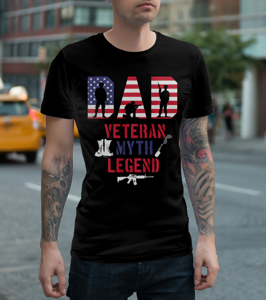 Dad Veteran Myth Legend American Flag Silhouettes with Boots Rifle and Spoon T-Shirt