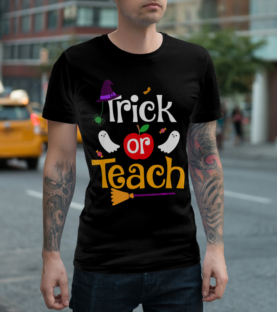 Trick Or Teach Witch Hat Ghosts Apple Broom Halloween T-Shirt