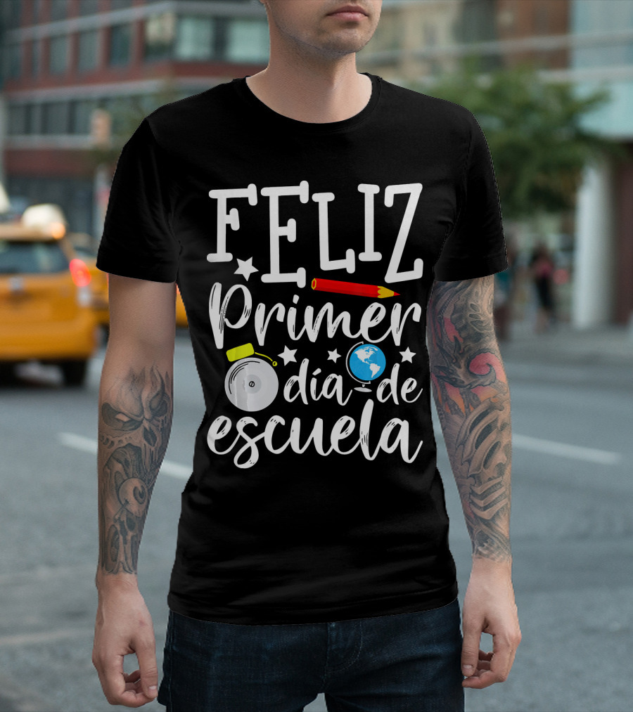 Feliz Primer Día de Escuela con Lápiz Globo y Campana Estrellas T-Shirt