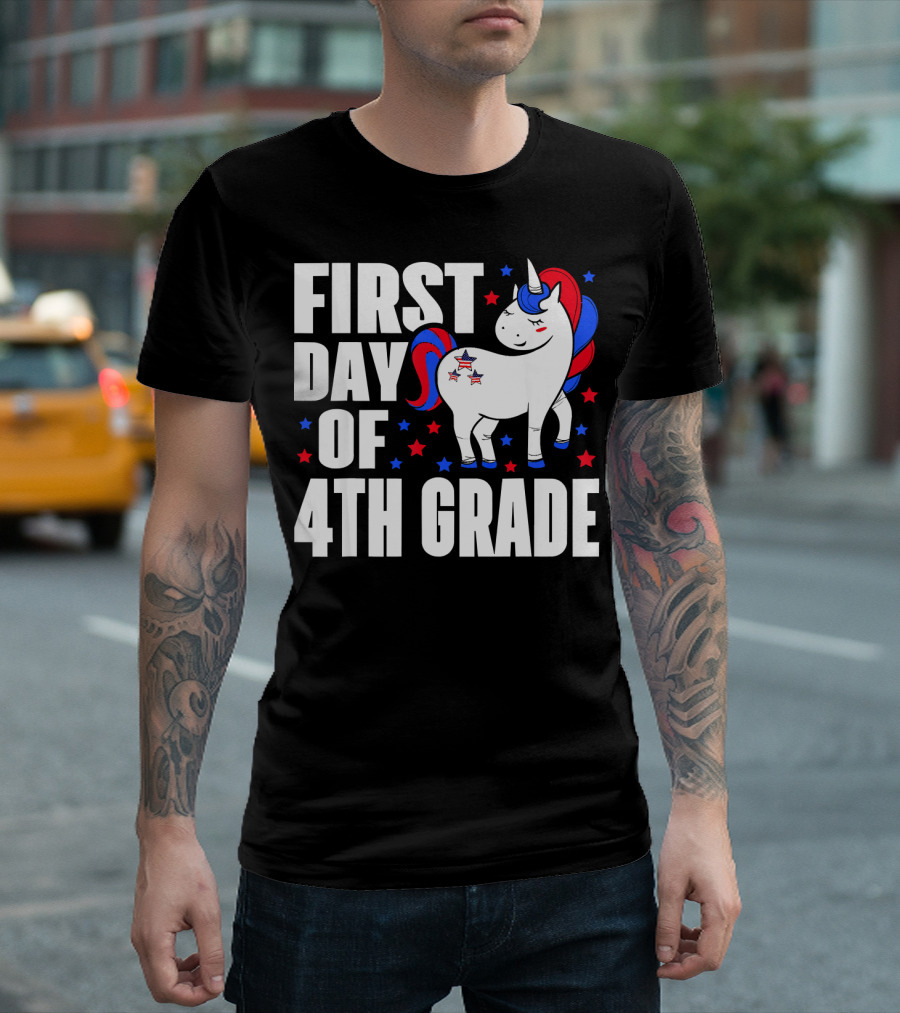 First Day Of 4th Grade Unicorn Funny Stars Red Blue T-Shirt