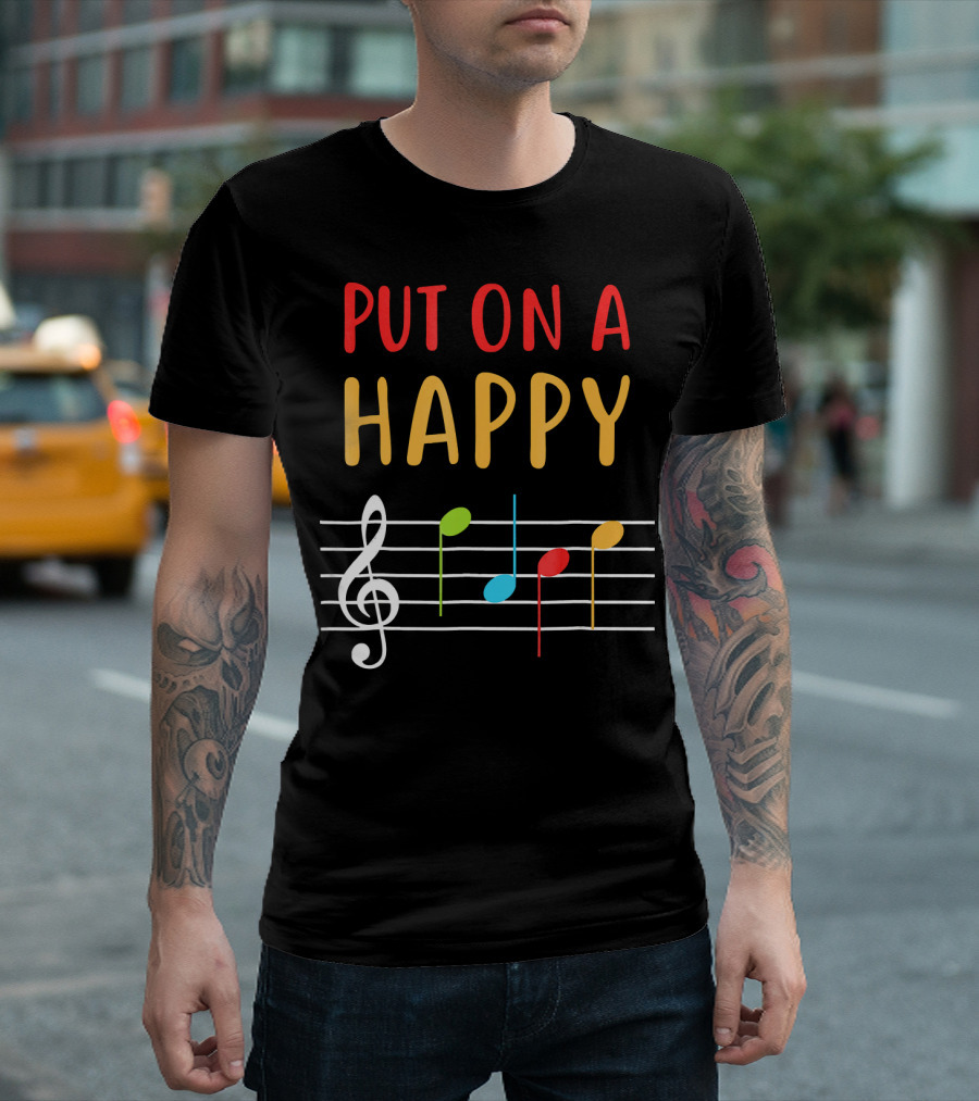 Put On A Happy Face Music Notes Colorful Treble Clef Staff T-Shirt