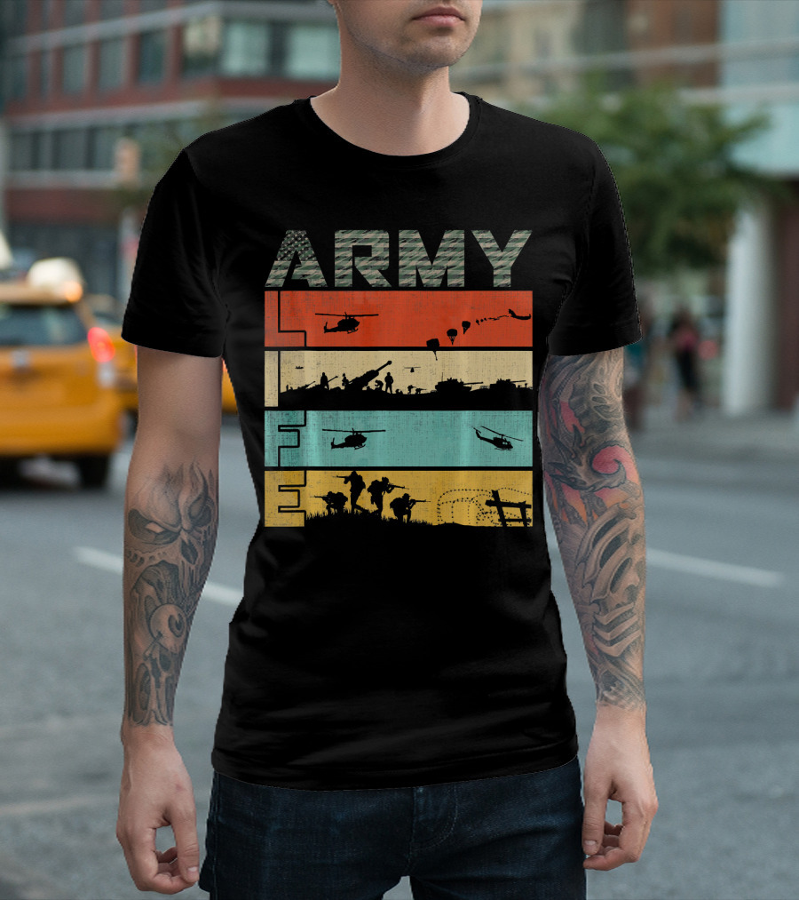 Army Life Vintage Flag Camo Helicopters Tanks Soldiers Paratroopers T-Shirt