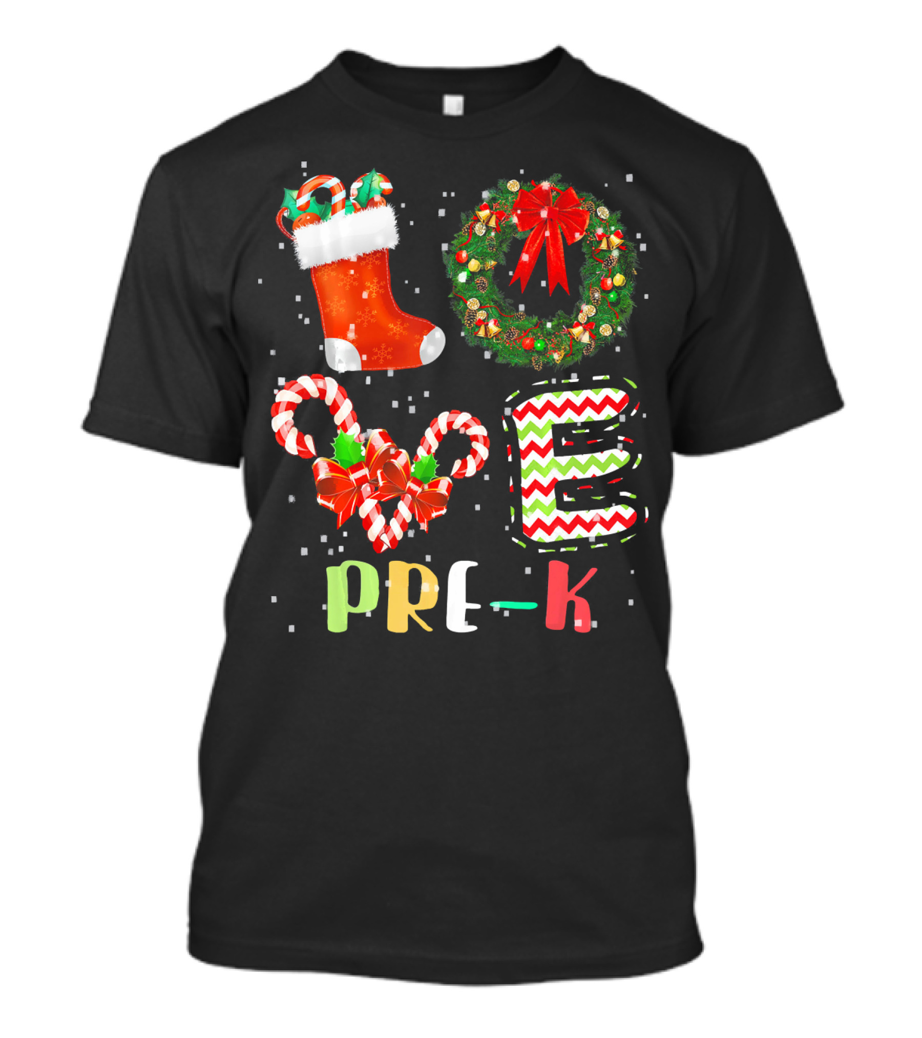 Love Pre K Christmas Teacher Candy Cane Wreath Stocking Holiday T-Shirt