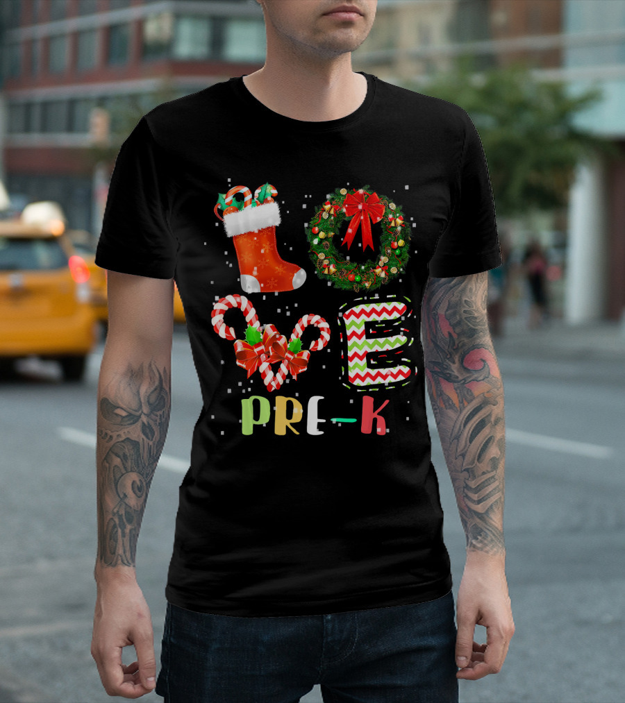 Love Pre K Christmas Teacher Candy Cane Wreath Stocking Holiday T-Shirt