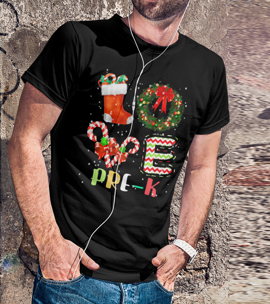 Love Pre K Christmas Teacher Candy Cane Wreath Stocking Holiday T-Shirt