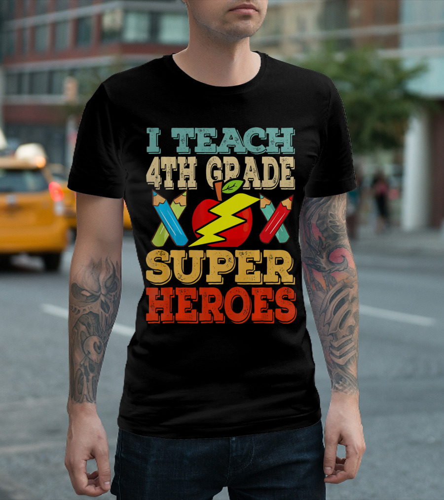 I Teach 4th Grade Superheroes Apple Pencils Lightning Bolt T-Shirt