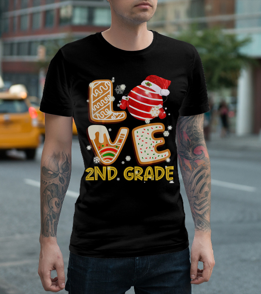 Love 2nd Grade Christmas Cookies With Santa Hat And Snowflakes T-Shirt