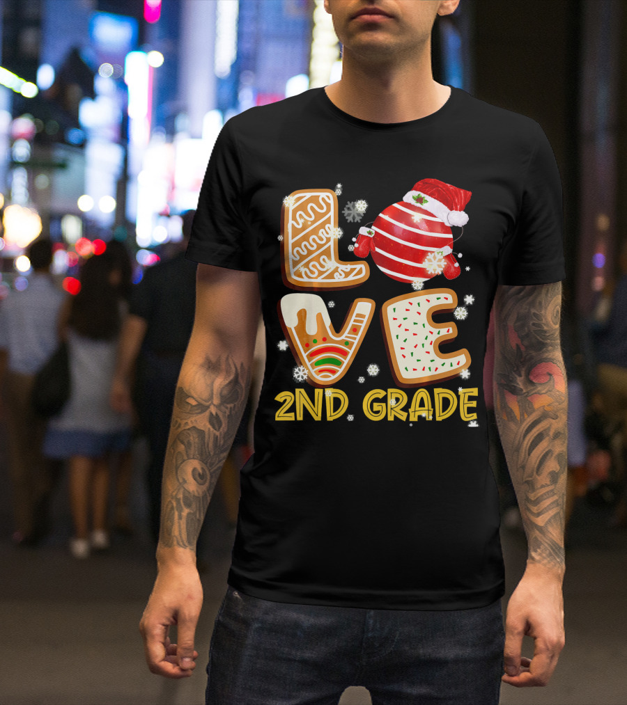 Love 2nd Grade Christmas Cookies With Santa Hat And Snowflakes T-Shirt