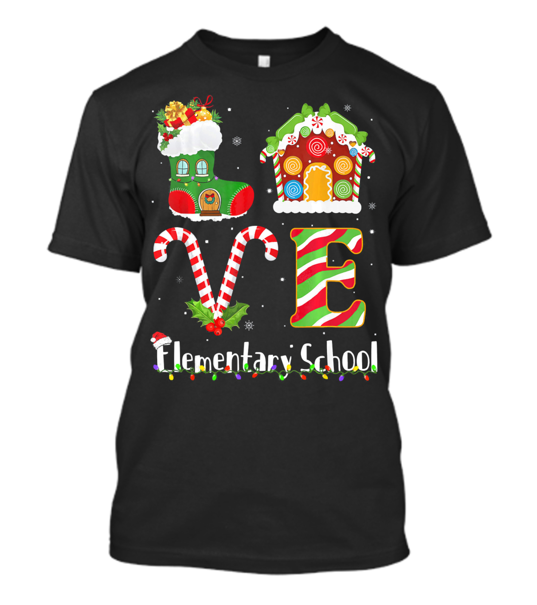 LOVE Elementary School Christmas Boot Gingerbread House Candy Cane Letters T-Shirt