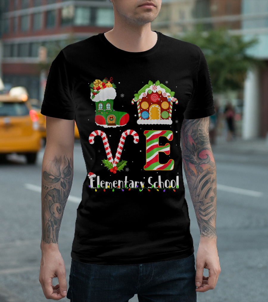 LOVE Elementary School Christmas Boot Gingerbread House Candy Cane Letters T-Shirt