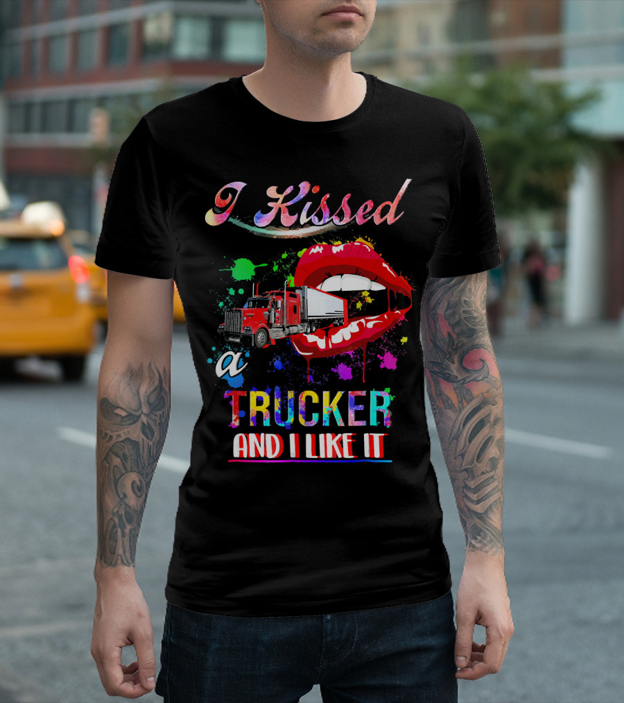 I Kissed a Trucker and I Like It with Colorful Lips and Red Truck T-Shirt