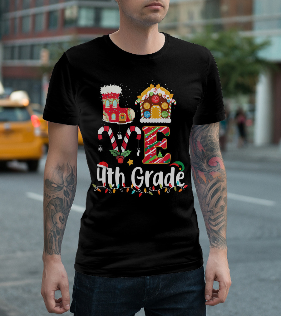 Love 4th Grade Christmas Candy Cane Gingerbread House Holiday Lights T-Shirt