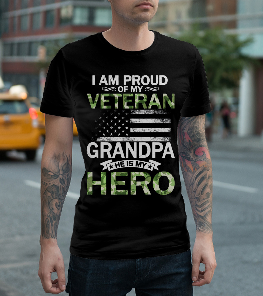 I Am Proud Of My Veteran Grandpa He Is My Hero American Flag Camouflage T-Shirt