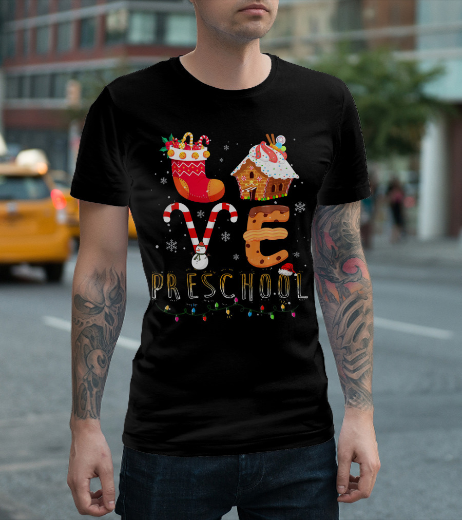 Love Preschool Christmas Cute PreK Teach Gingerbread Candy Cane Snowman Holiday Lights T-Shirt