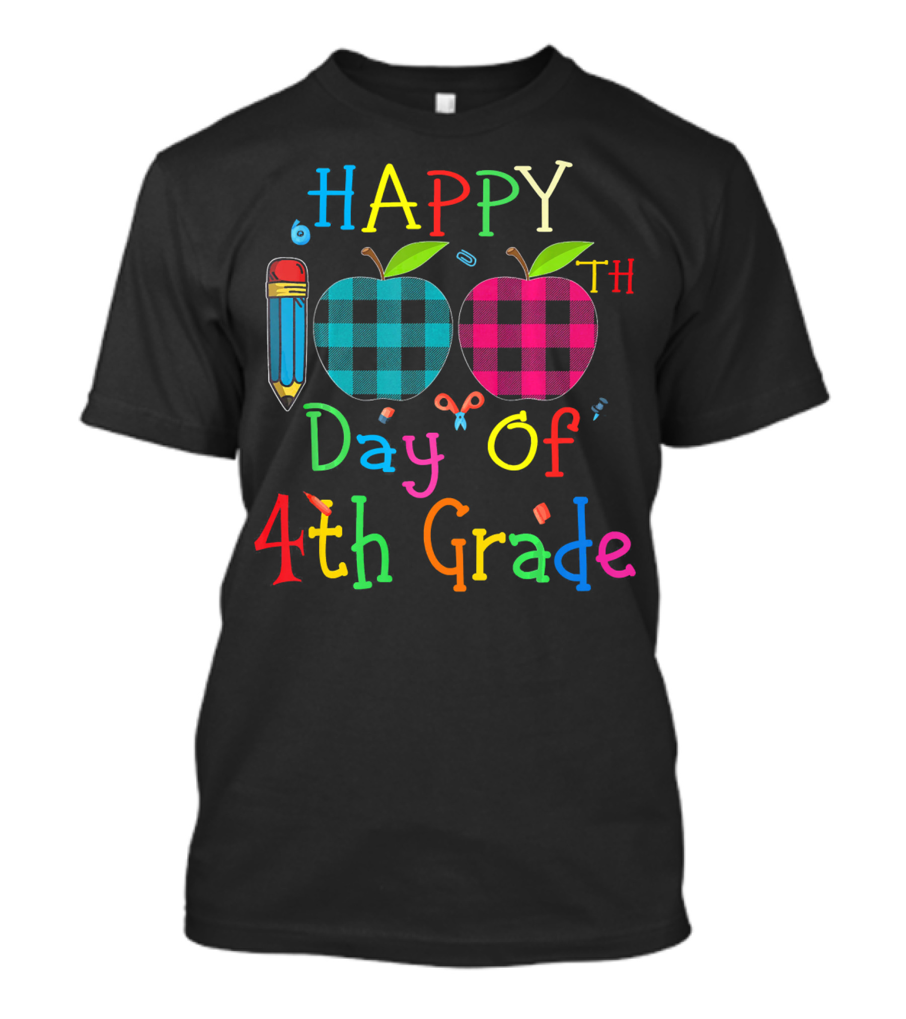 Happy 100th Day Of 4th Grade Buffalo Plaid Apples And Pencil T-Shirt