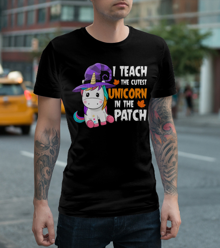 I Teach The Cutest Unicorn In The Patch With Purple Witch Hat And Maple Leaves T-Shirt