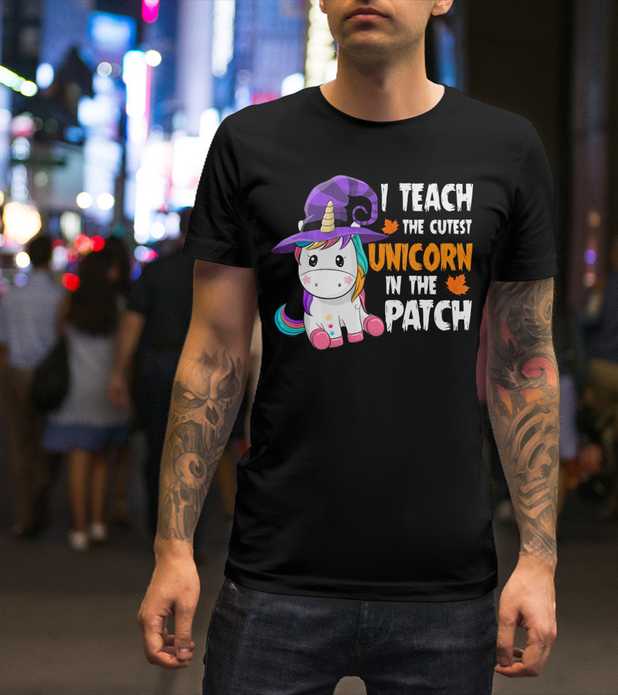 I Teach The Cutest Unicorn In The Patch With Purple Witch Hat And Maple Leaves T-Shirt