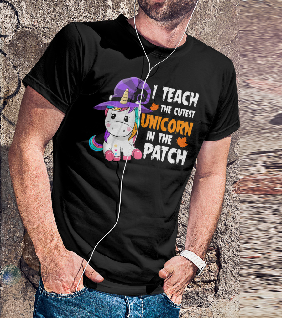 I Teach The Cutest Unicorn In The Patch With Purple Witch Hat And Maple Leaves T-Shirt
