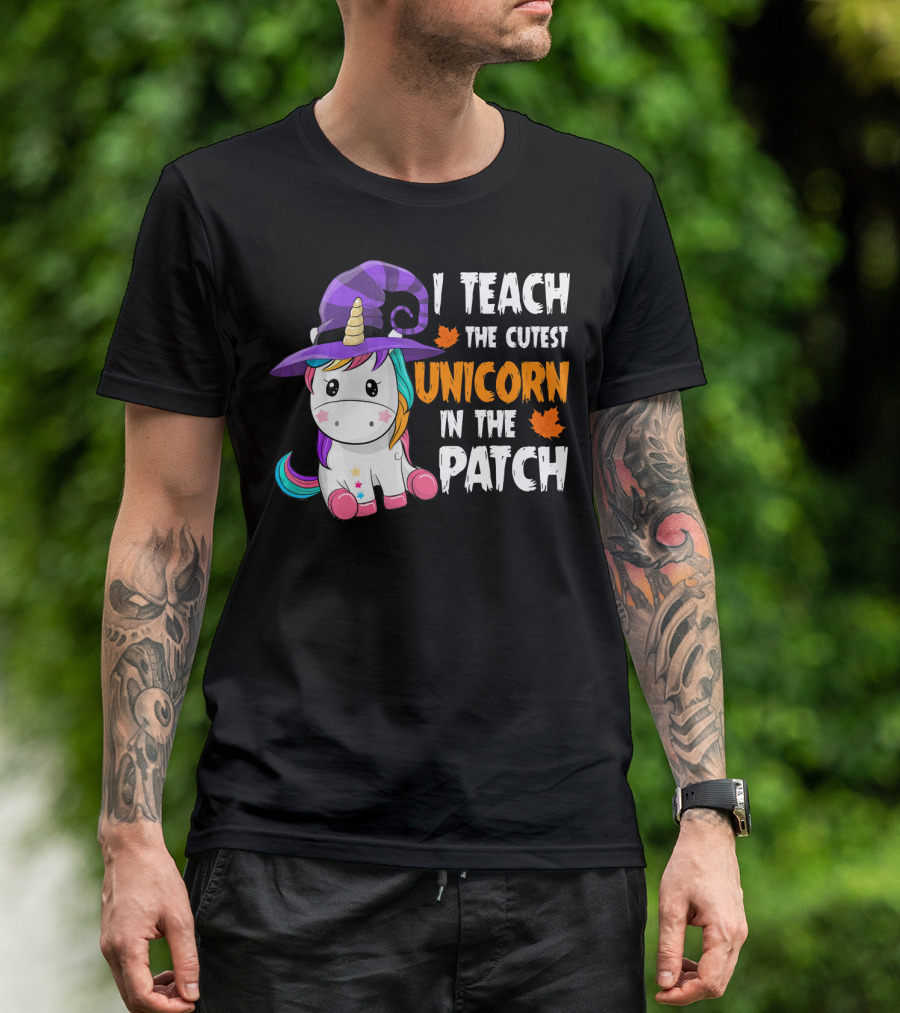 I Teach The Cutest Unicorn In The Patch With Purple Witch Hat And Maple Leaves T-Shirt