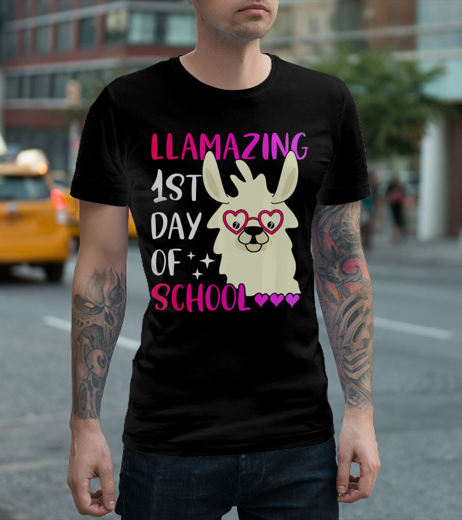 LLAMAZING 1st Day of School with Heart Glasses Llama and Stars T-Shirt