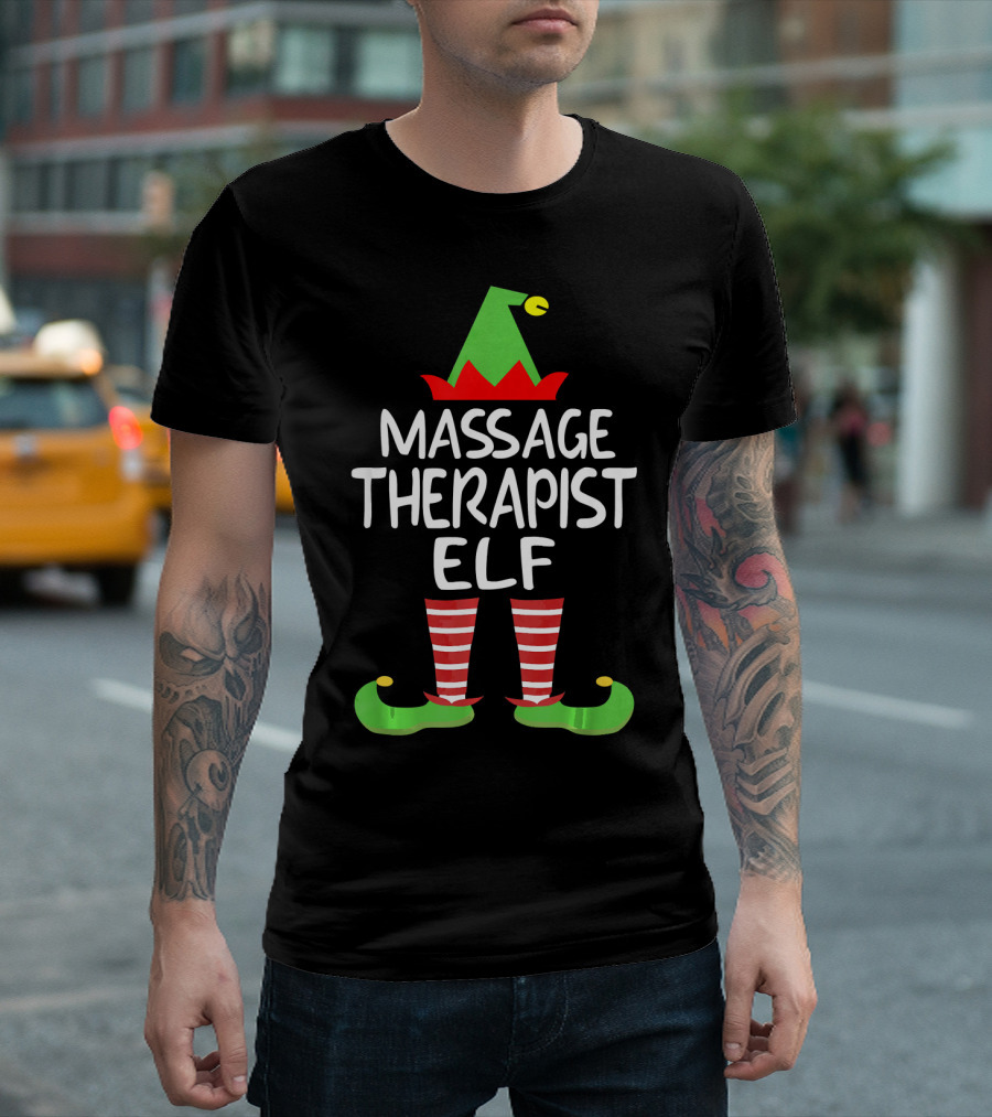 Massage Therapist Elf Holiday Costume Hat And Striped Stockings T-Shirt