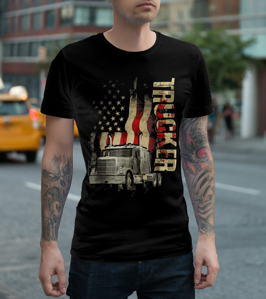 Mens Truck Driver Trucker American Flag T-Shirt