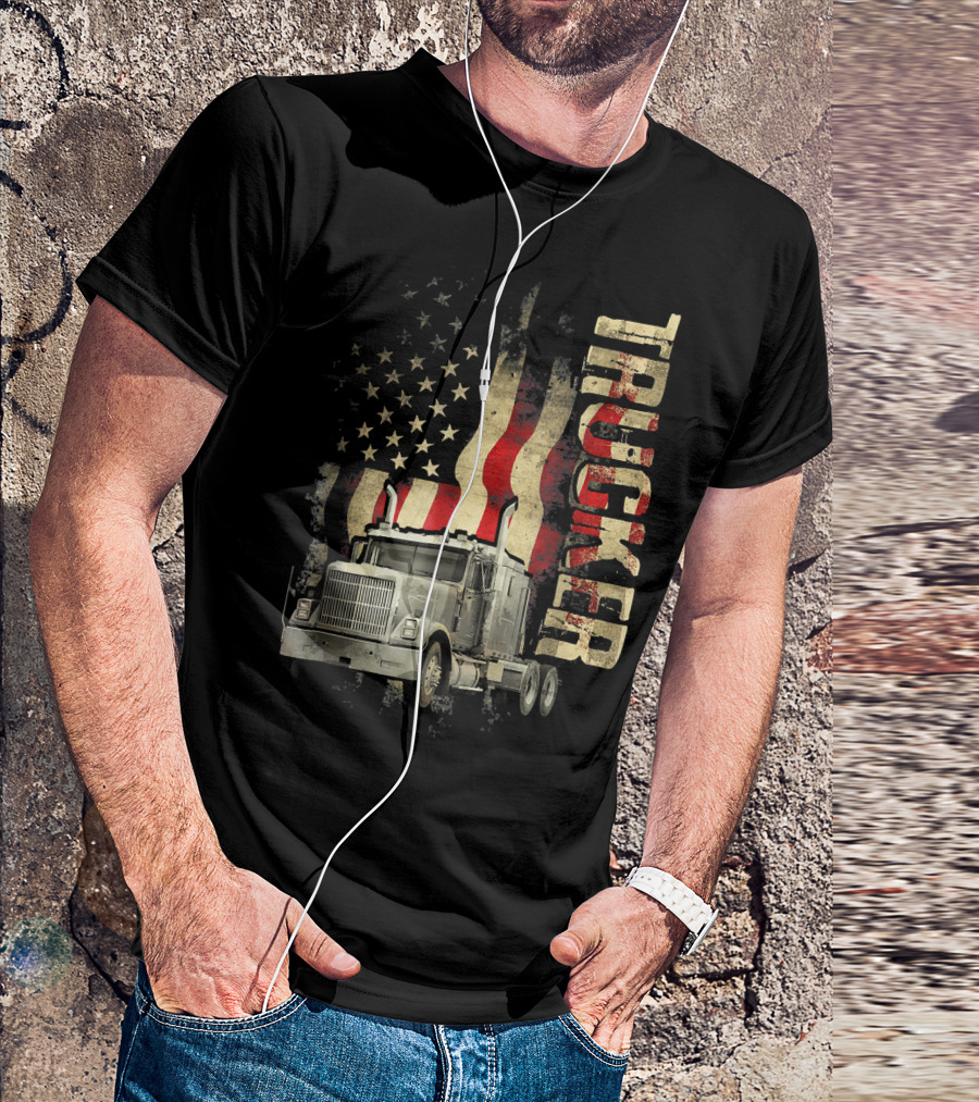 Mens Truck Driver Trucker American Flag T-Shirt