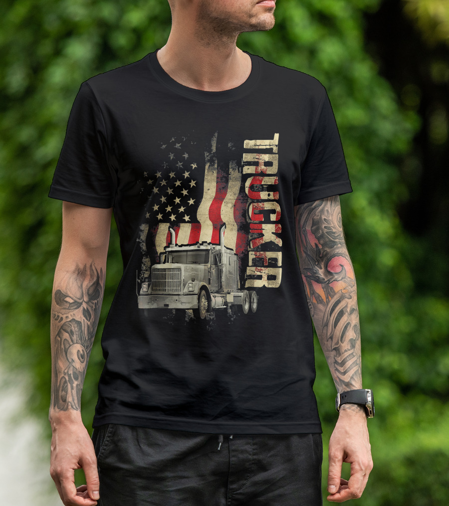 Mens Truck Driver Trucker American Flag T-Shirt