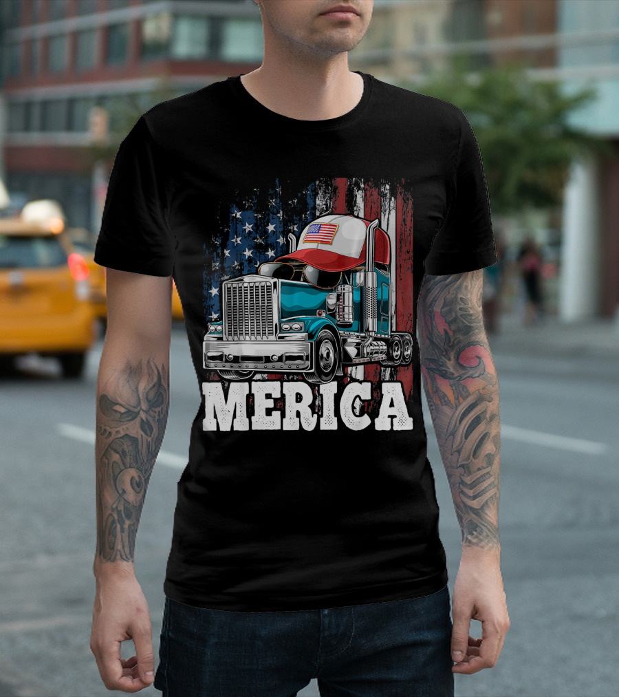 Merica Truck American Flag Hat Vintage Patriotic Trucking Graphics T-Shirt