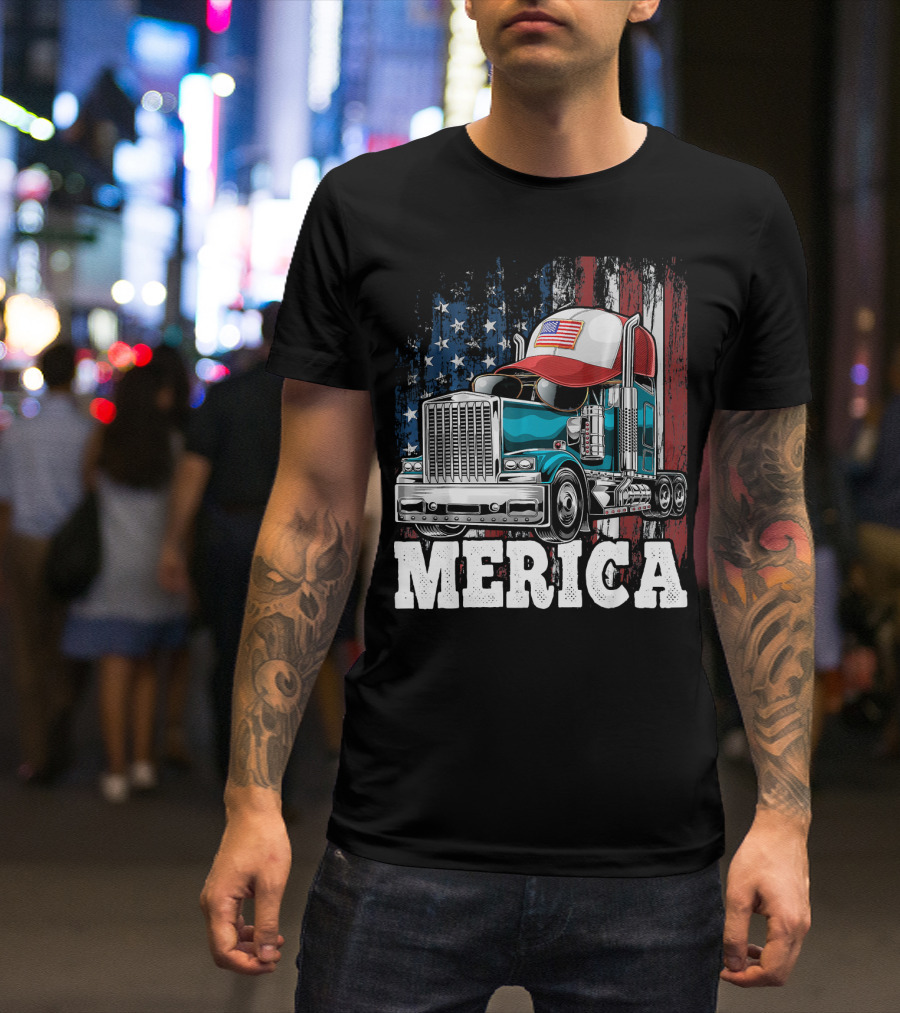 Merica Truck American Flag Hat Vintage Patriotic Trucking Graphics T-Shirt