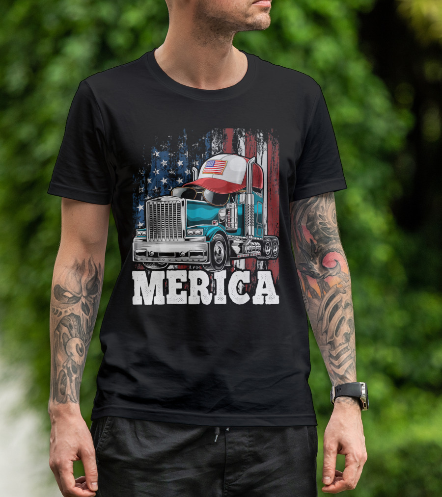 Merica Truck American Flag Hat Vintage Patriotic Trucking Graphics T-Shirt