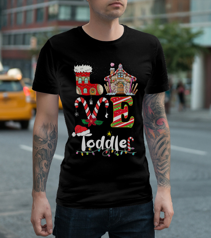 LOVE Toddler Christmas Gingerbread Candy Cane Holiday Lights T-Shirt