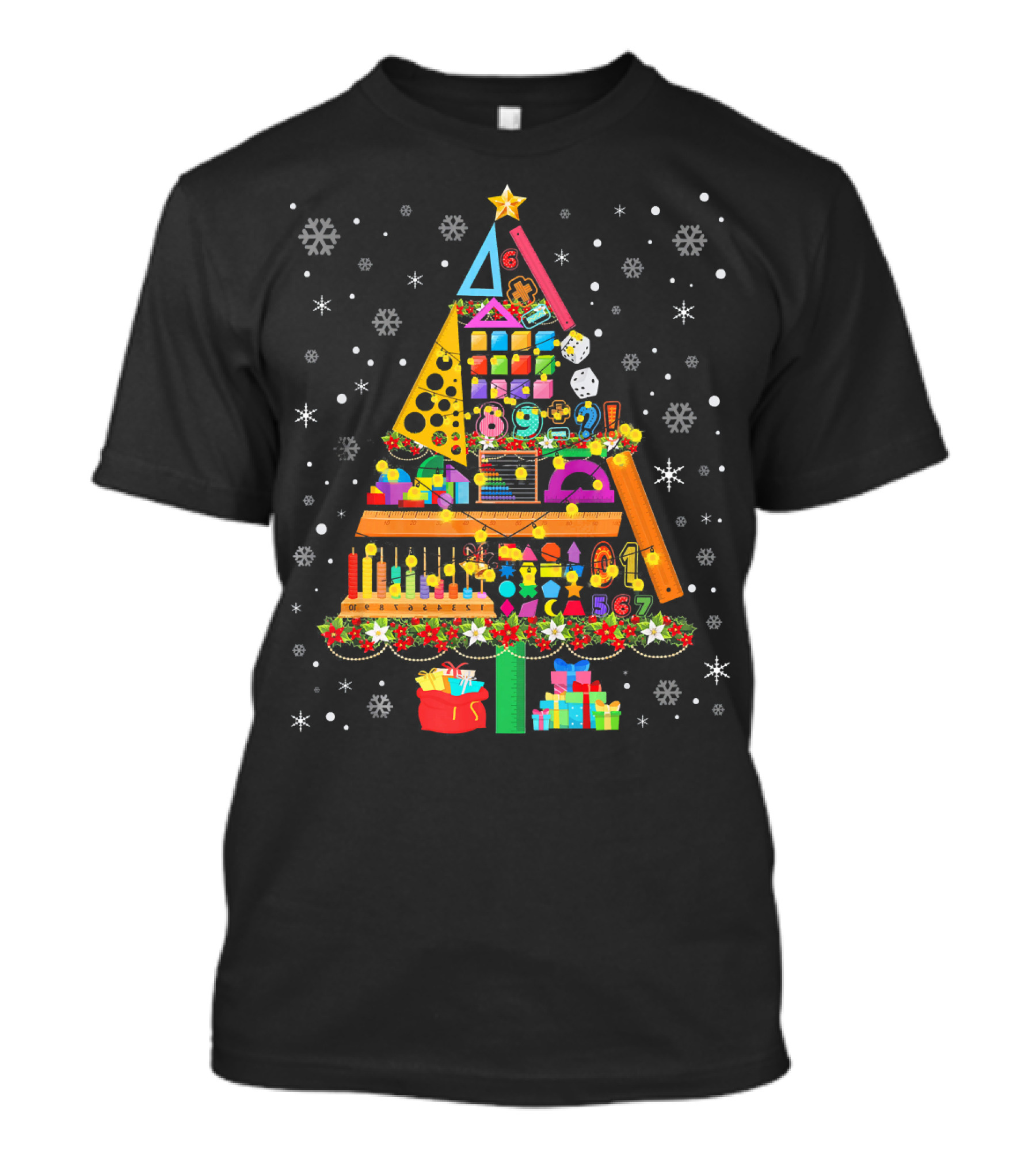 Math Christmas Tree Cute Nerd Festive Geometry Numbers Snowflakes T-Shirt