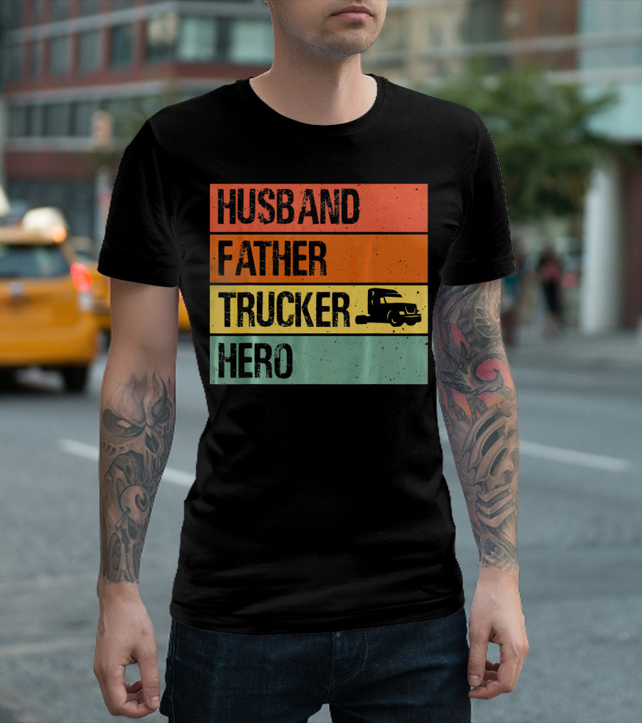 Husband Father Trucker Hero Retro Stripes Truck T-Shirt