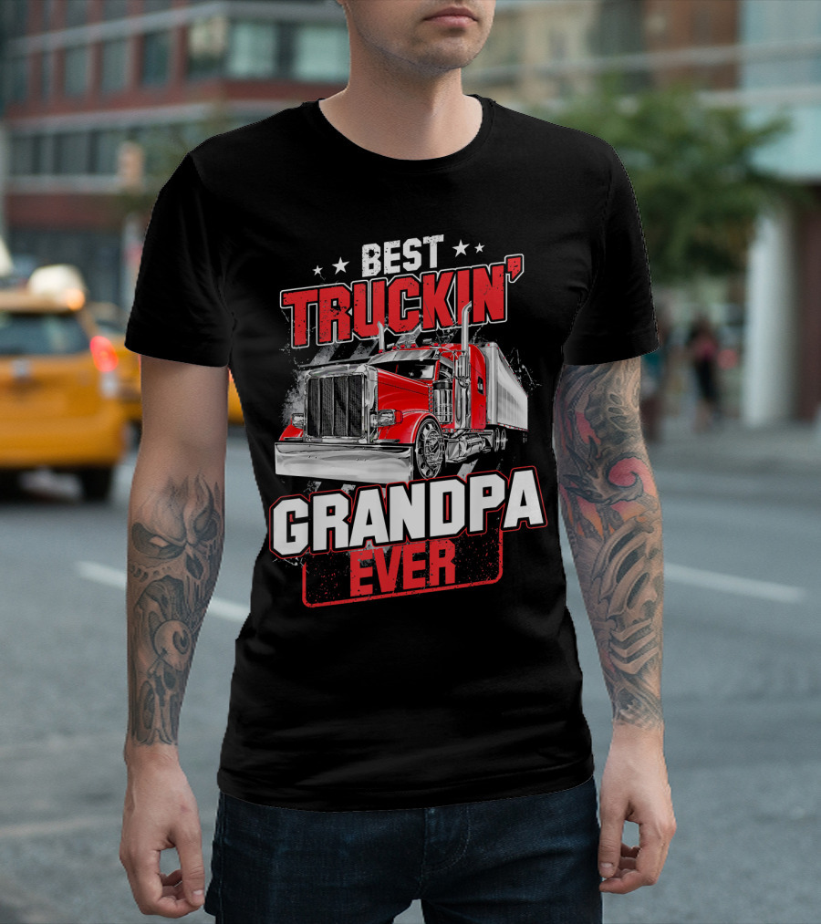 Best Truckin' Grandpa Ever With Red Semi Truck Image T-Shirt