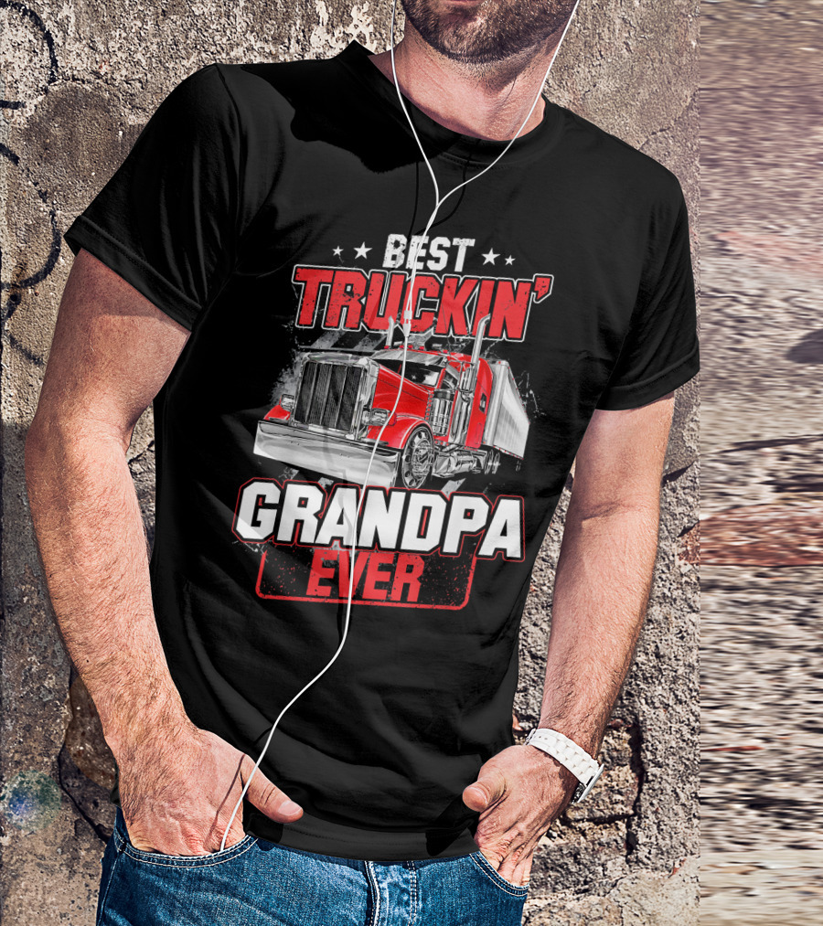 Best Truckin' Grandpa Ever With Red Semi Truck Image T-Shirt