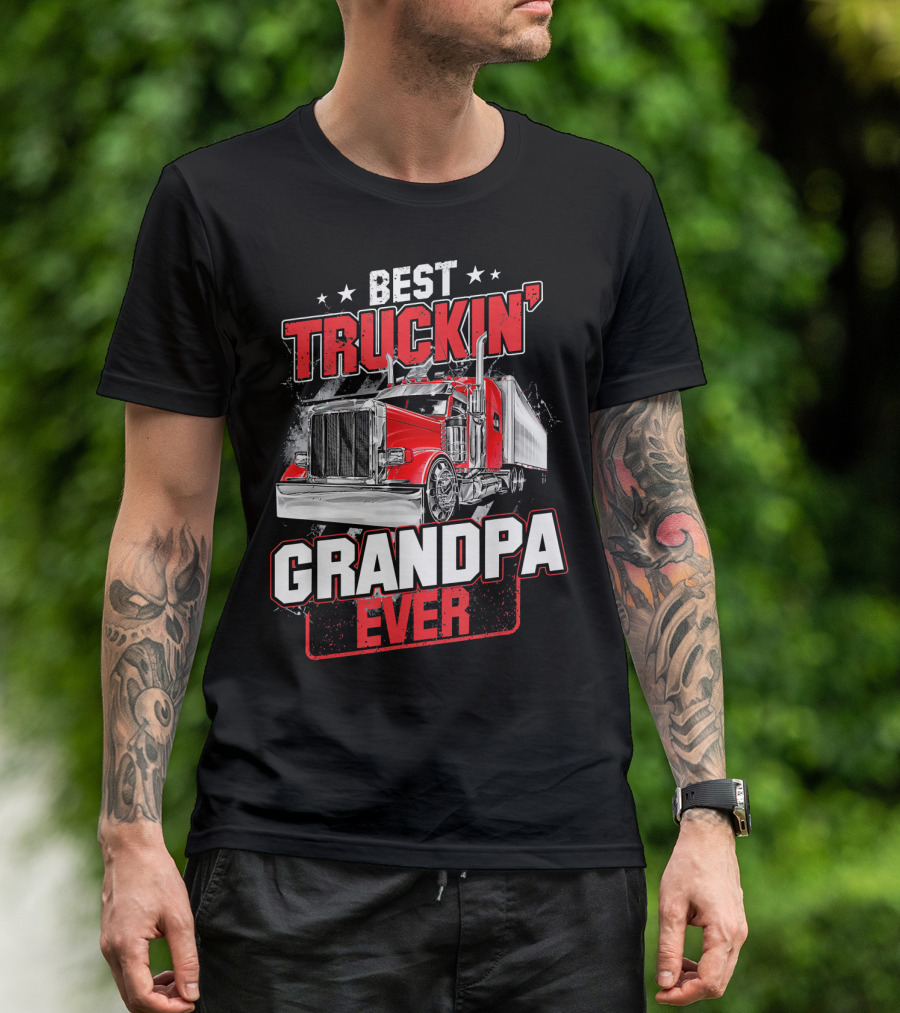 Best Truckin' Grandpa Ever With Red Semi Truck Image T-Shirt
