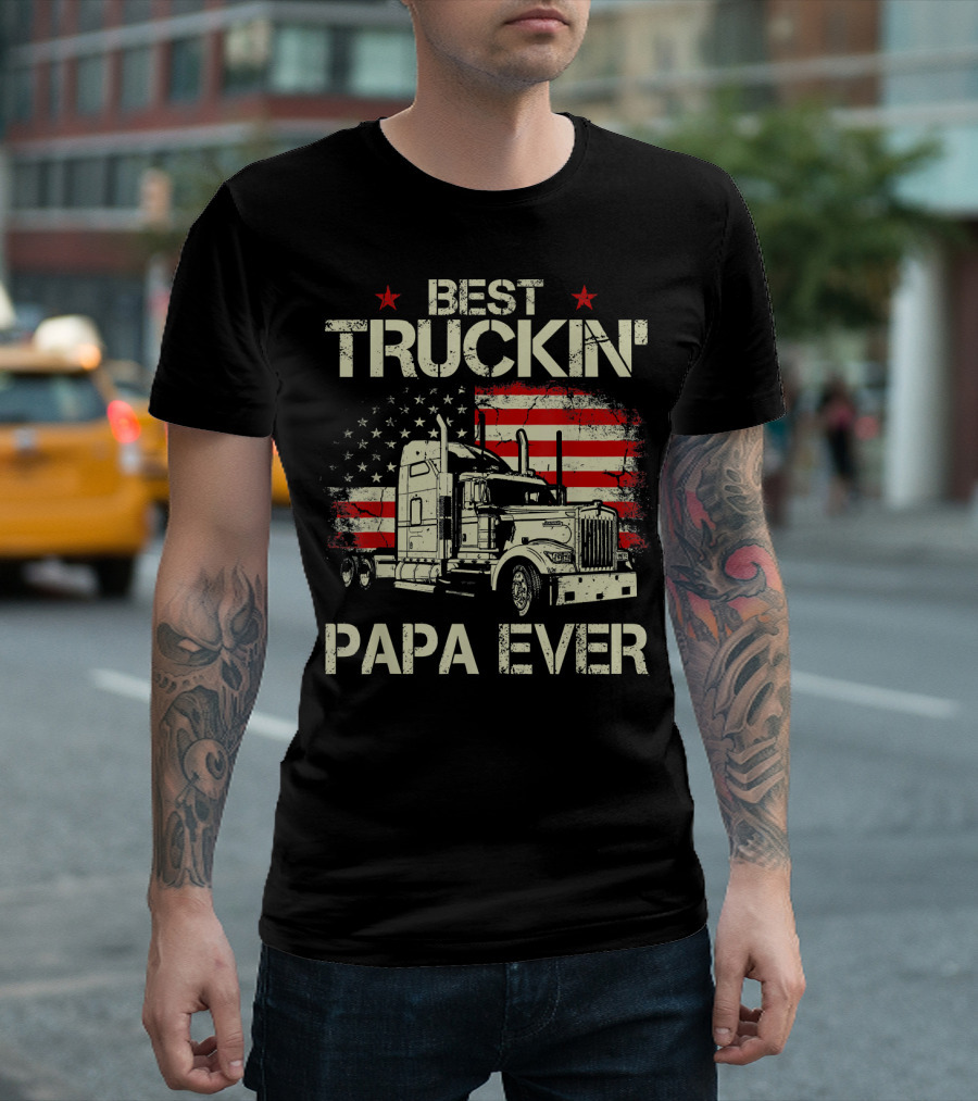 Best Truckin' Papa Ever American Flag Truck T-Shirt