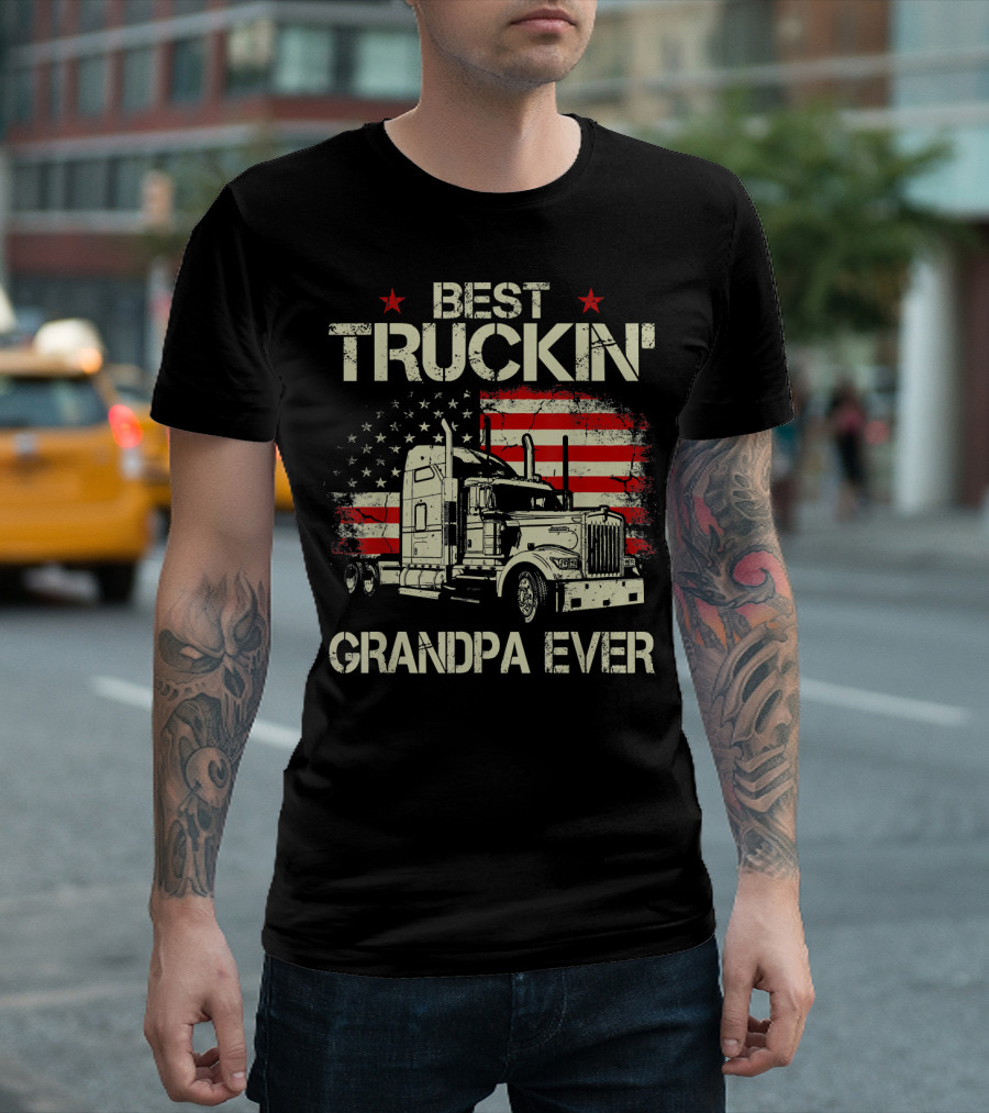 Best Truckin' Grandpa Ever American Flag Truck Patriotic T-Shirt