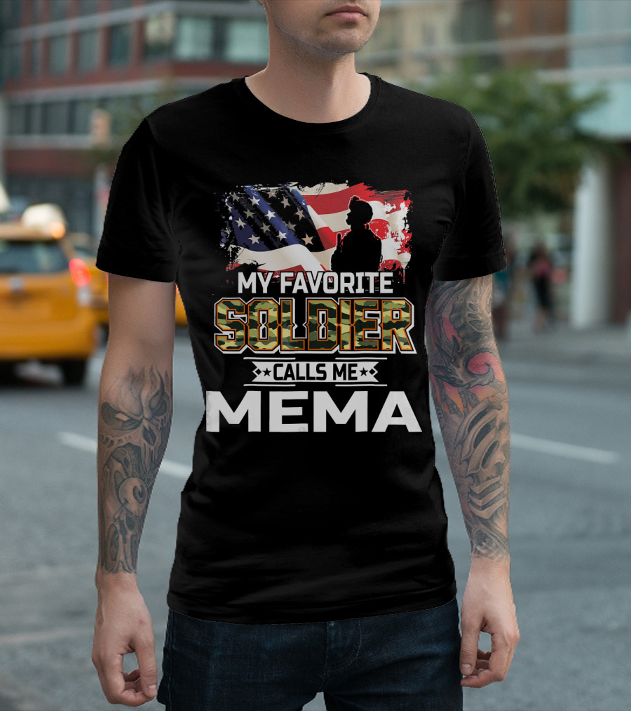 My Favorite Soldier Calls Me Mema American Flag Camouflage T-Shirt