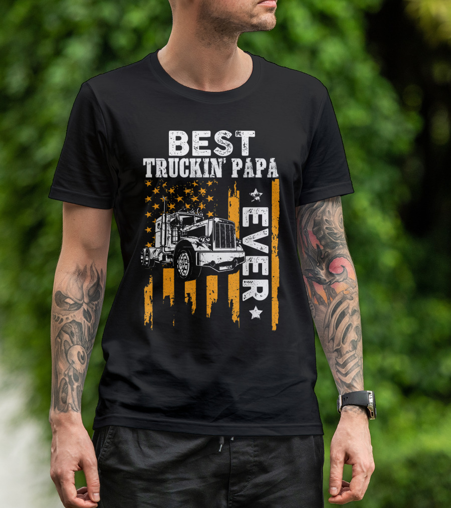 Best Truckin Papa Ever Truck USA Flag Retro T-Shirt