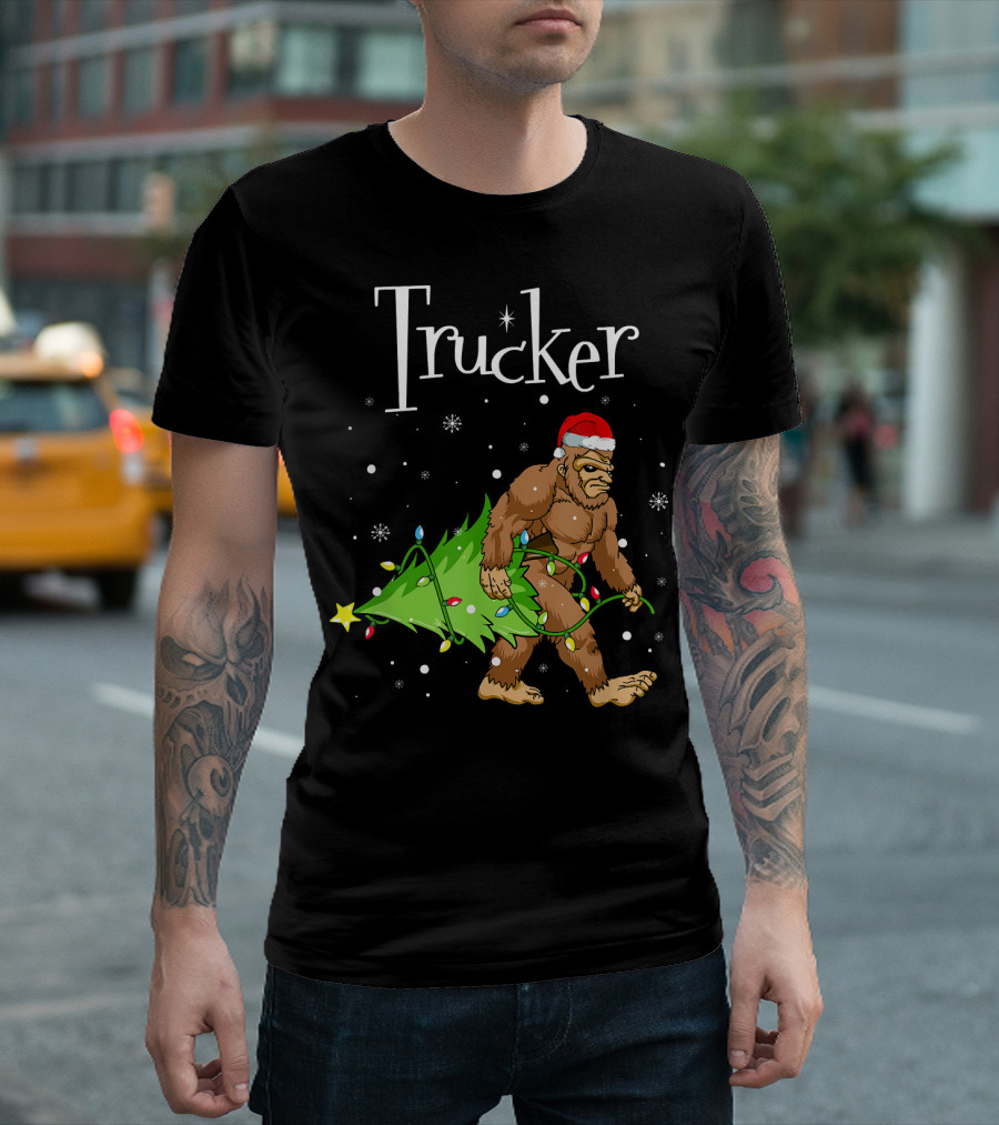 Trucker Bigfoot Christmas Sasquatch Santa Hat Festive Humorous T-Shirt