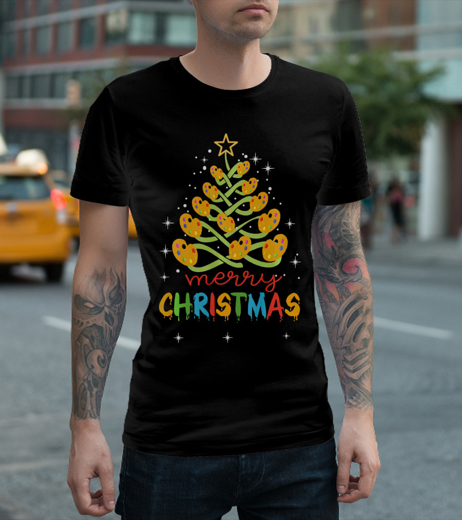 Merry Christmas Tree Paint Palette Art Teacher T-Shirt