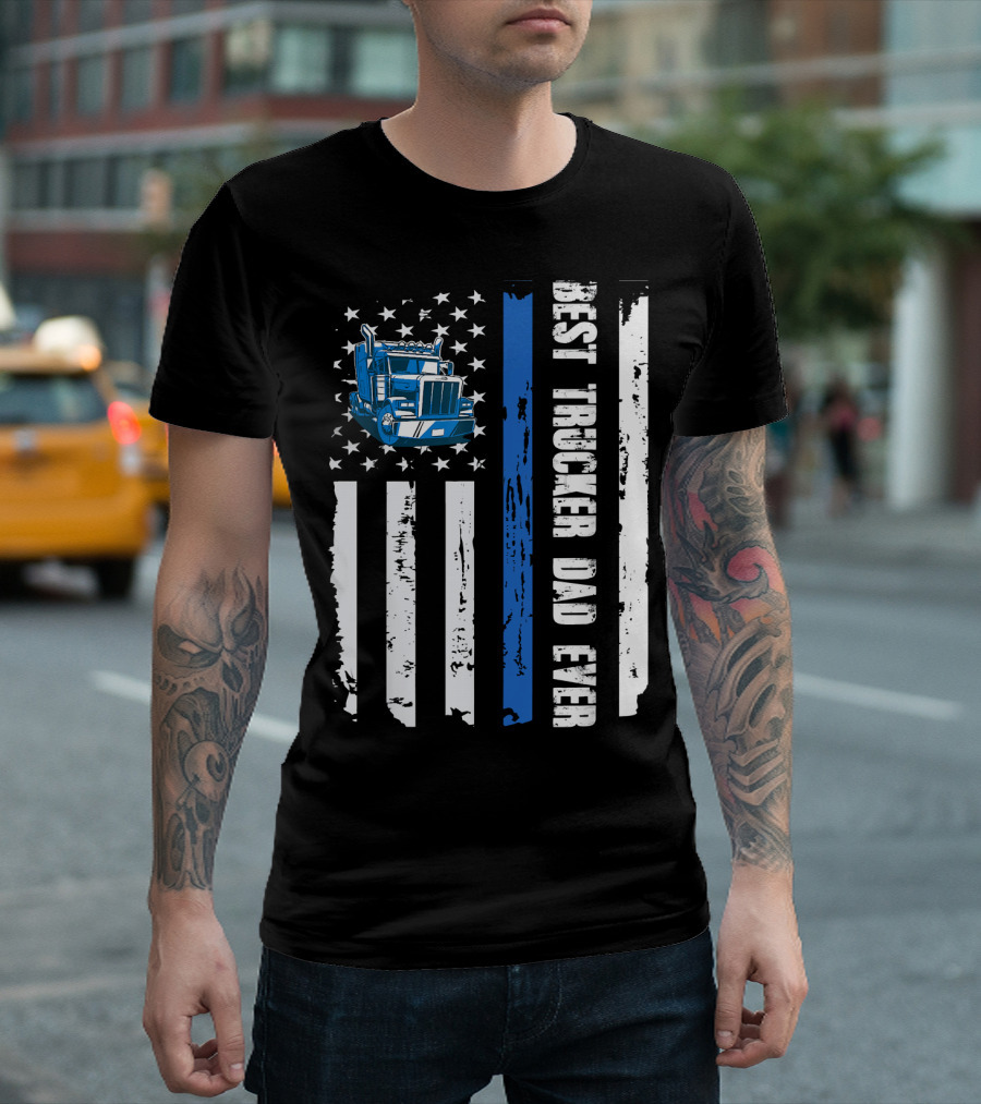 Mens USA Best Trucker Dad Ever American Flag Truck T-Shirt