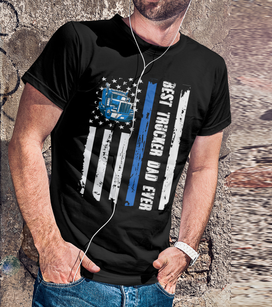 Mens USA Best Trucker Dad Ever American Flag Truck T-Shirt