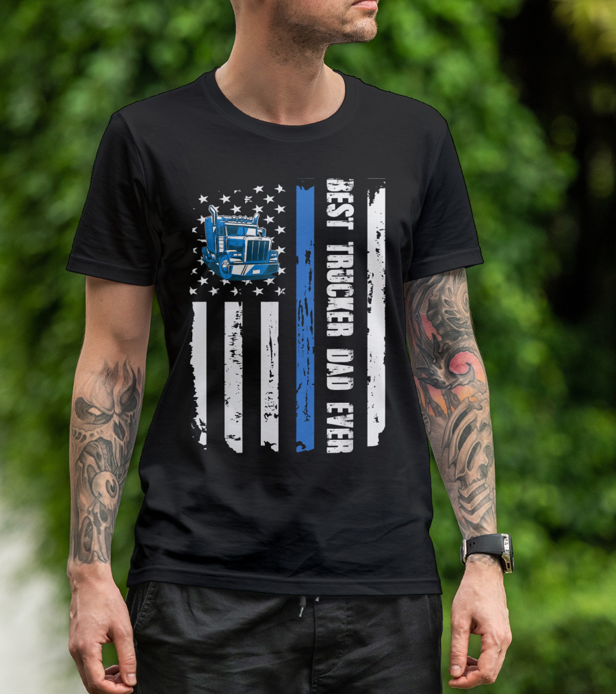 Mens USA Best Trucker Dad Ever American Flag Truck T-Shirt