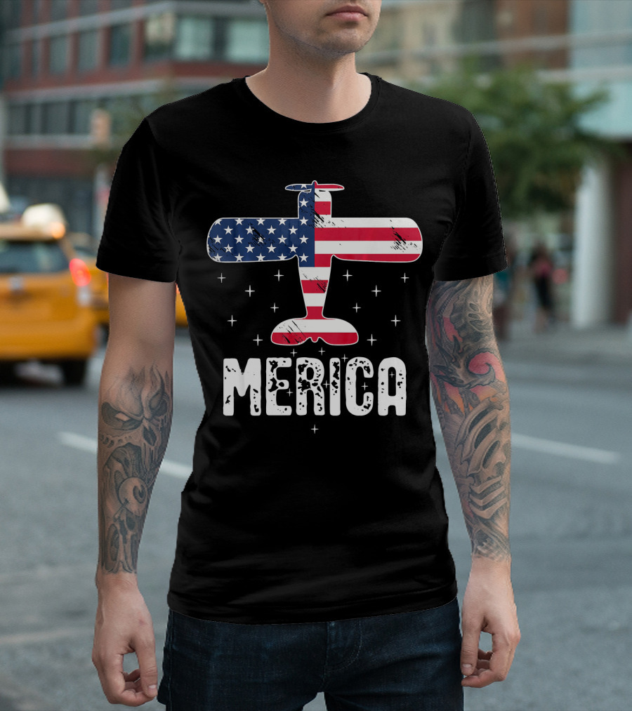 Merica American Flag Airplane Stars T-Shirt