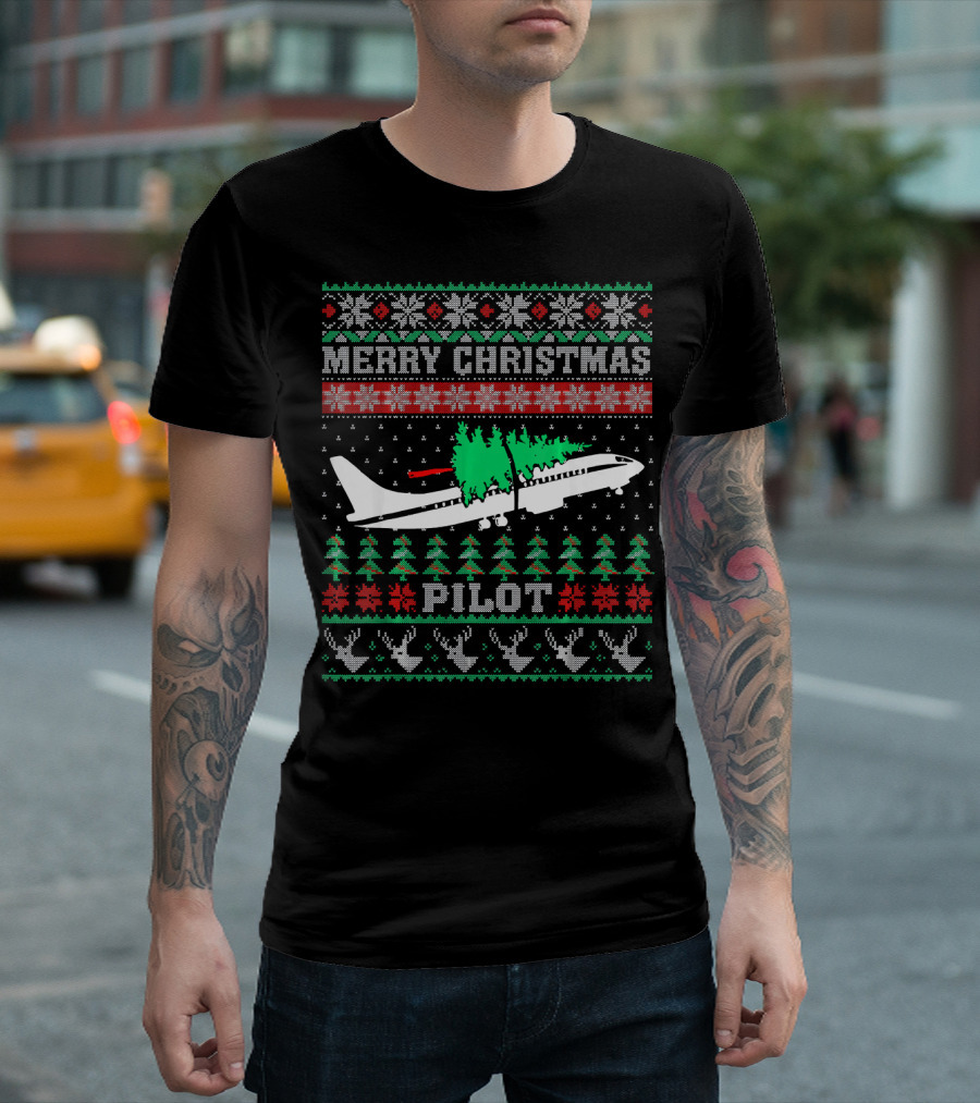 Merry Christmas Pilot Plane Carrying Christmas Tree T-Shirt