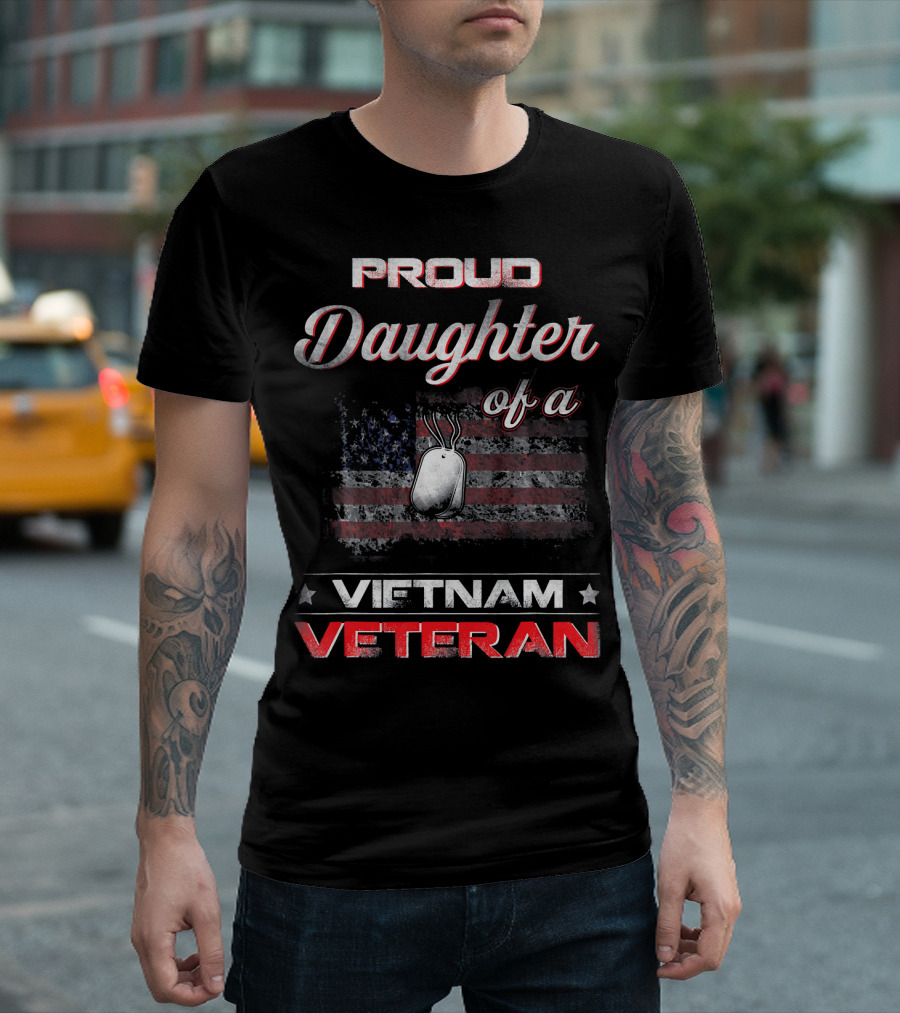 Proud Daughter of a Vietnam Veteran with American Flag and Dog Tags T-Shirt